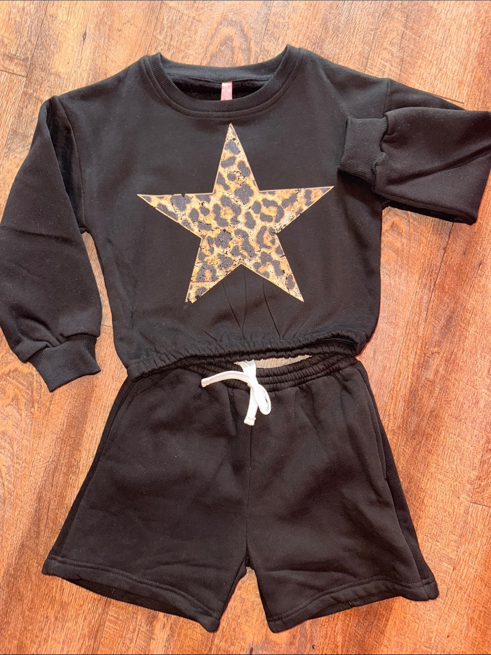 Youth Black Sweatshirt & Shorts Set with Leopard Star